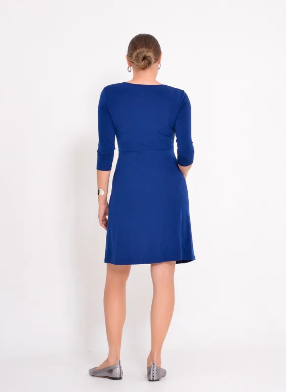 Vestido Transpassado Azul-Marinho com Drapeado e Manga ¾ MG8 Moda